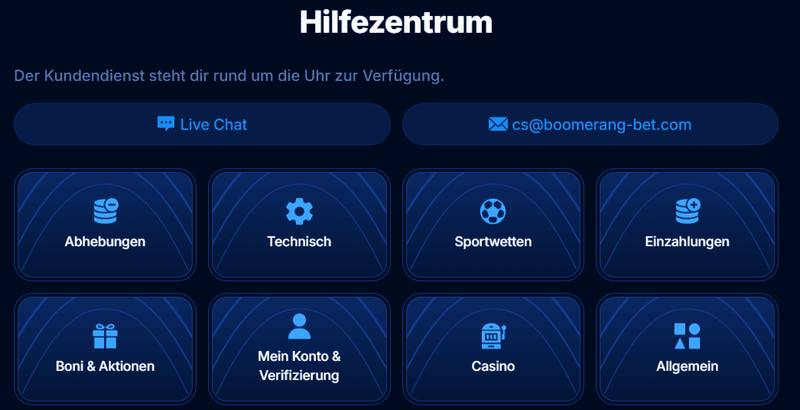 Kundenservice im Boomerang Bet Casino – 24/7 Support per Live-Chat und E-Mail für deutsche Spieler 2026