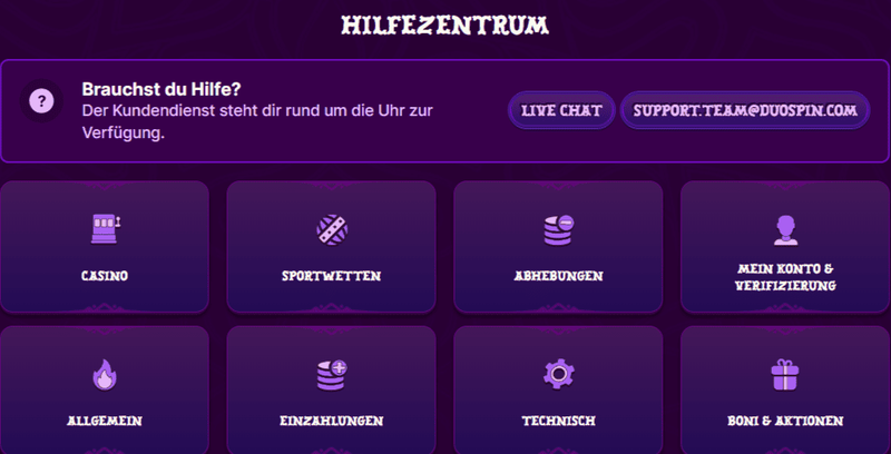 Nutzen Sie den 24/7-Live-Chat und E-Mail-Support im DuoSpin Casino für schnelle Hilfe in Deutschland